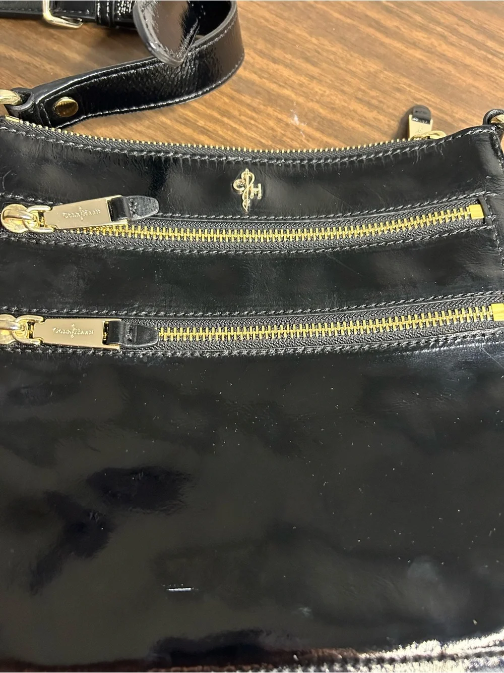 Cole Haan Black Patent Leather Pink Interior Double Zip Crossbody Bag